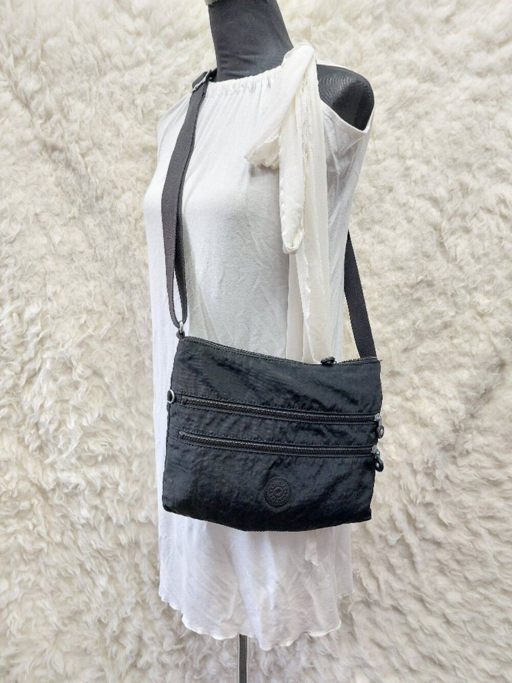 Kipling Black Alvar Crossbody Bag Nylon Multi Zip Messenger Travel Sling